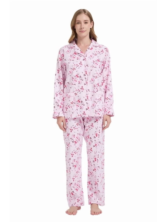 Women's Sleepwear Cotton Pajama Set Flannel Long-Sleeve Button Down Shirt and Pant Pink & Red Rose Floral L