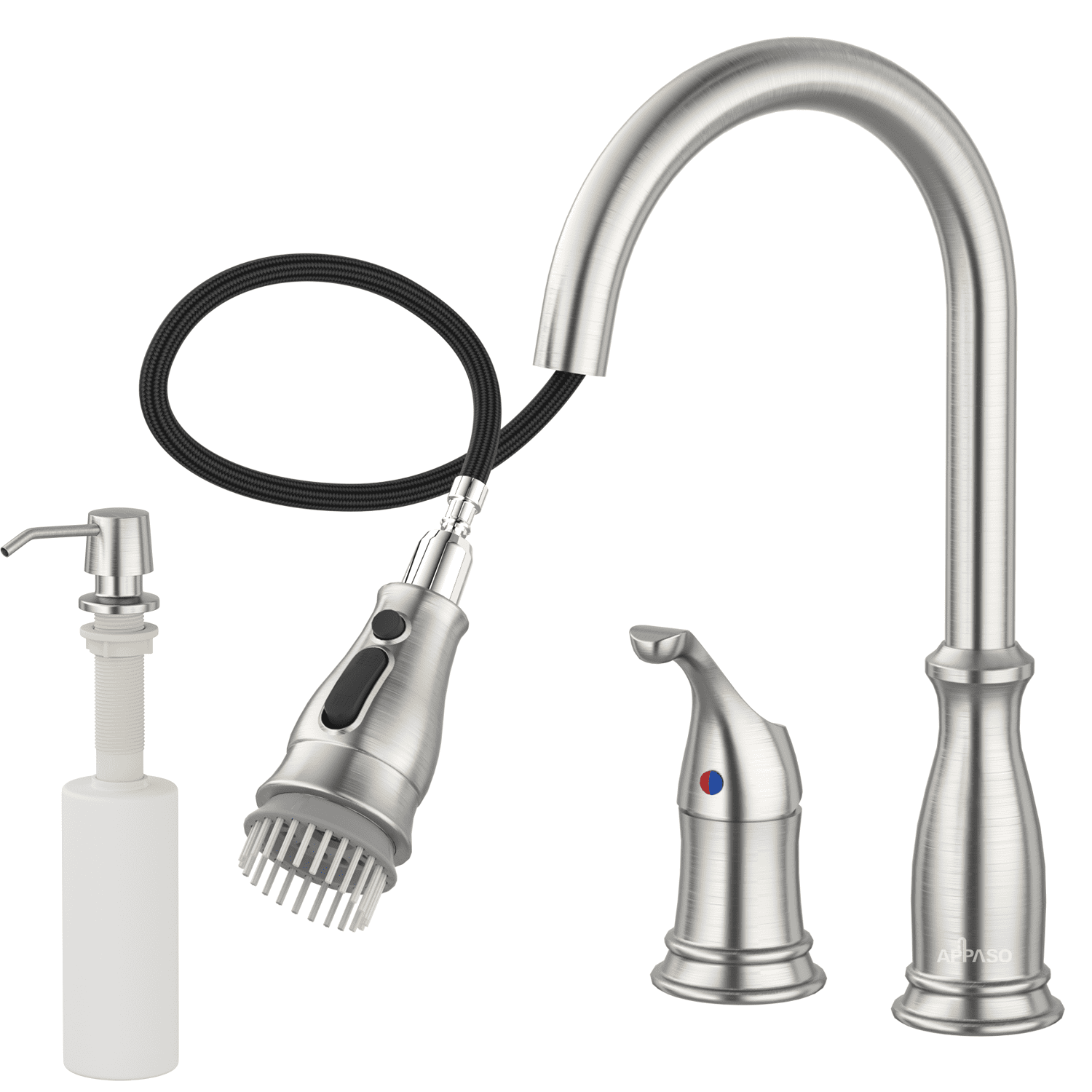 Appaso 3 Hole Kitchen Faucet with Pull Down Brushed Nickel 211BN