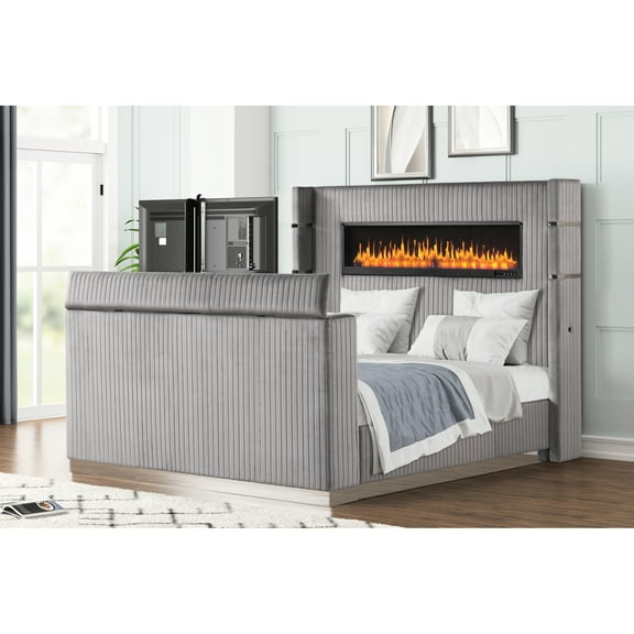 Appealing Fashionable Queen Bed With Fireplace In Headboard & Tv Stand , Gray Mesmerizing Elegant And Stand, Grey