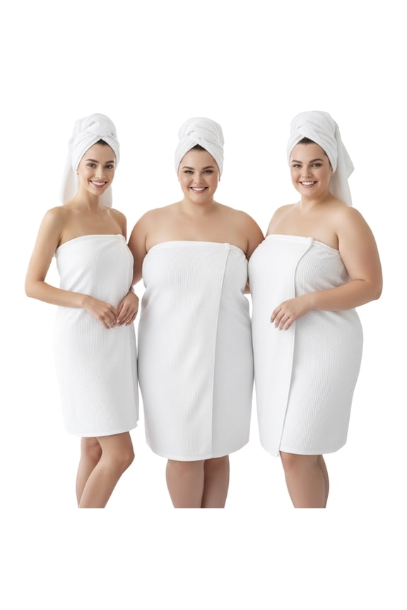 Women's Puffy Waffle Spa Wrap with Snap Closure Bathrobe Towel Body Wrap Around, White, S-L (AG01SL)