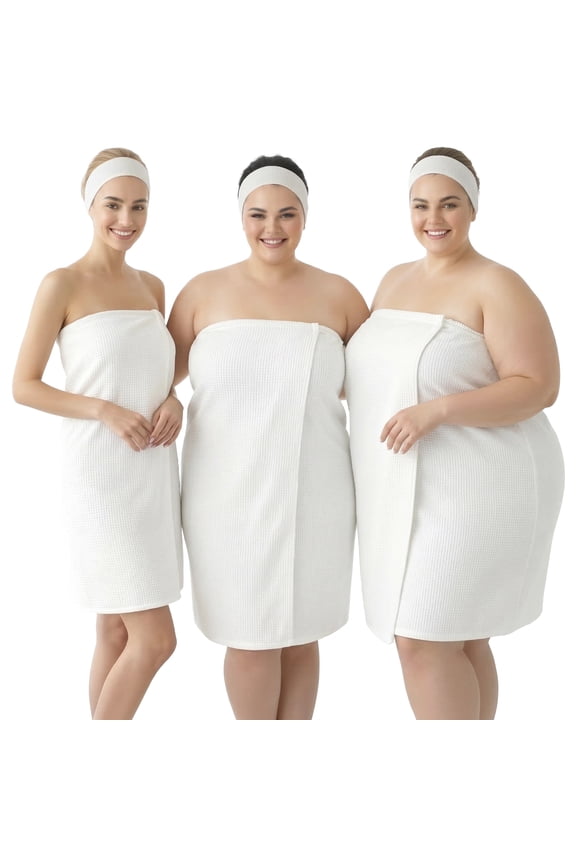 Women's Puffy Waffle Spa Wrap with Snap Closure Bathrobe Towel Body Wrap Around, White, S-L (AG01SL)