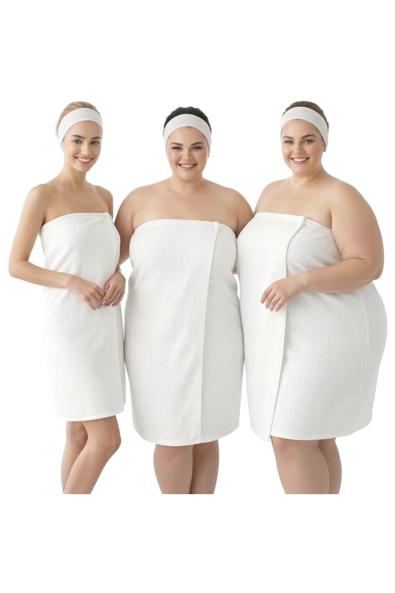 Women's Puffy Waffle Spa Wrap with Snap Closure Bathrobe Towel Body Wrap Around, White, S-L (AG01SL)