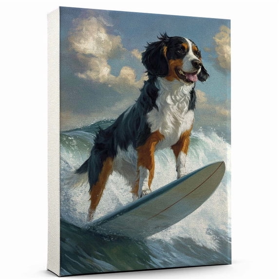 Appenzeller Sennenhund Dog Playing Surfboard Stretched Canvas Size 8x12 – Sports Dog, Perfect for Animal Lovers, Appenzeller Sennenhund Dog Canvas, Surfboard Canvas Size Wall Art