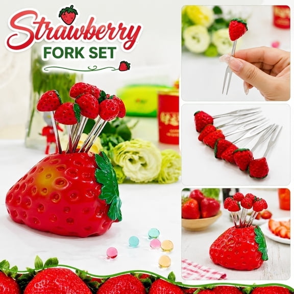 Appetizer Forks | Strawberry Themed 10 Piece Set with Storage Holder for Birthday Party Decorations, Great Gift for Strawberry Lovers, Stainless Steel Reusable Picks for Fruit