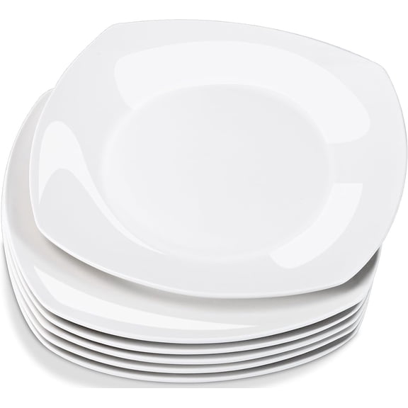Appetizer Plates Set of 6, 10.5 Inch White Square Plates, Porcelain Dinner Plate, Square Serving Dishes for Pasta, Steak, Snacks,Salad(Microwave and Dishwasher Safe)