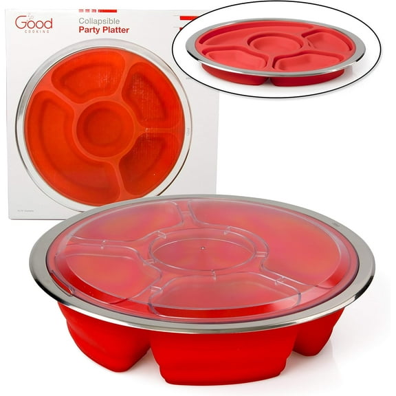 Appetizer Serving Fruit/Veggie Tray and Collapsible Party Platter with Lid - Easy to Clean, Portable, BPA Free, and Dishwasher Safe