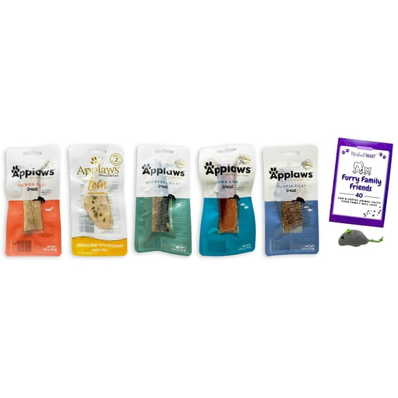 Applaws Filet Treats Variety - 5 flavors - 1 each: Salmon, Mackerel, Tilapia, Chicken Rosemary, Tuna (1.06 oz) + MerlinsMart Zine | Catnip Toy