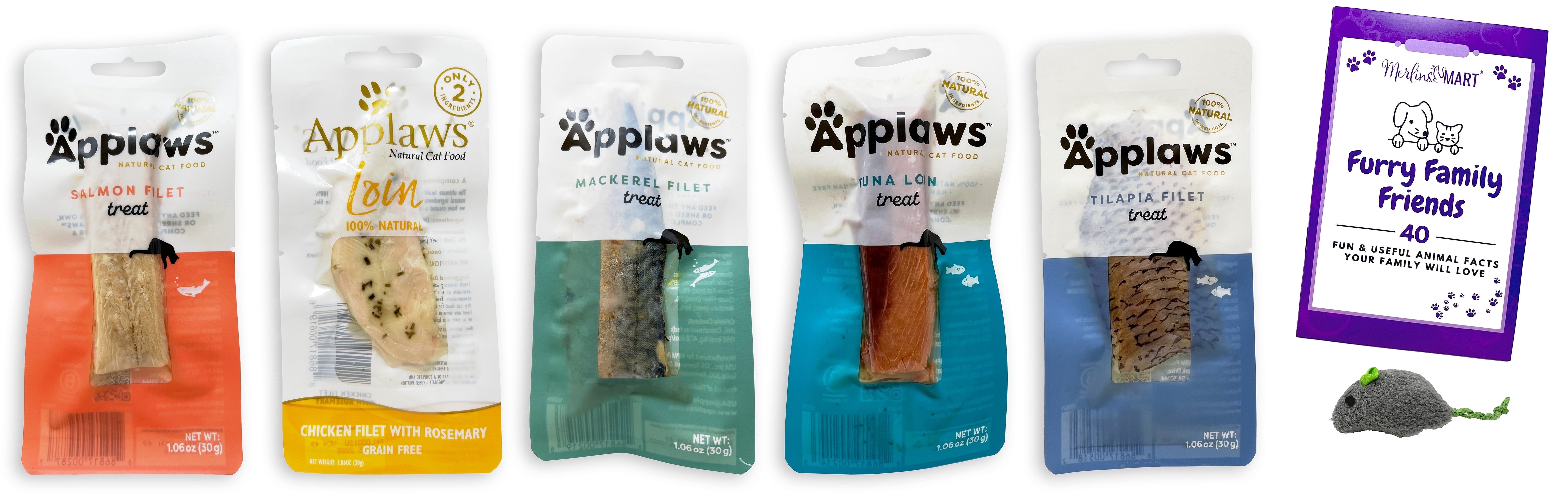 Applaws Cat Filet Treats Variety Pack, Salmon, Mackerel, Tilapia, Chicken Rosemary & Tuna, 1.06 oz Each (5 Pack) + Catnip Toy & MerlinsMart Zine