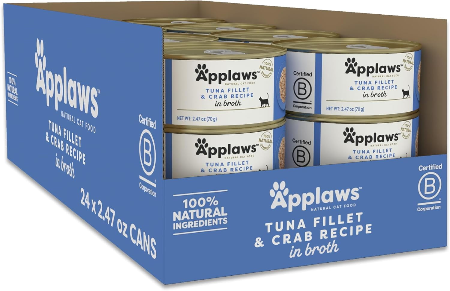 Applaws Natural Wet Cat Food in Broth, Limited Ingredient Canned Wet Cat Food, Tuna Fillet & Crab in Broth (24 x 2.47oz Cans)
