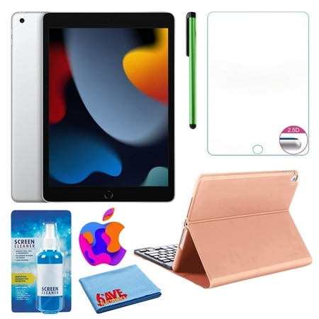 Apple 10.2" iPad (2021, 64GB, Wi-Fi, Silver) (MK2L3LL/A) Bundle with Rose Gold Keyboard Case & Screen Protector