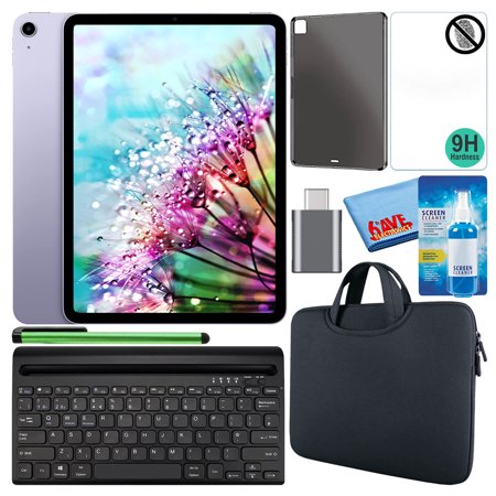 Apple 10.9" iPad Air (2022, 256GB, M1 Chip, Wi-Fi, Purple) (MME63LL/A) Bundle with Black Zipper Sleeve + Screen Protector + TPU Case + Keyboard + LCD Cleaner