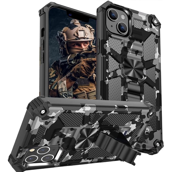 for Apple 15 Plus/iPhone 15 Plus Camouflage Case with Magnetic Kickstand for Man, Military Grade Heavy Duty Shockproof Camo Cover Case for Apple iPhone 15 Plus MC-Black