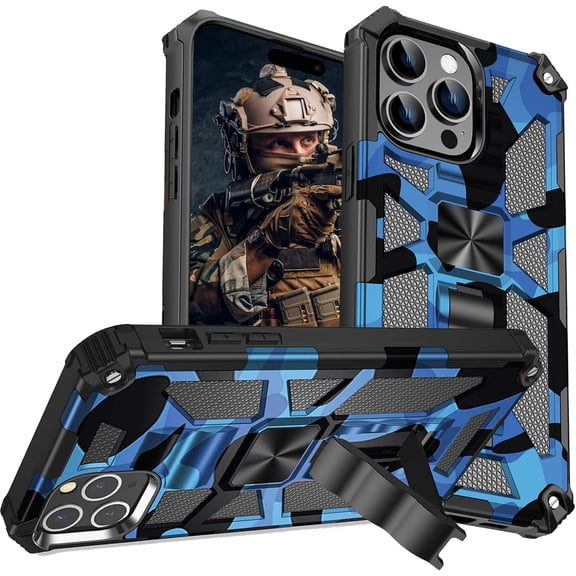 for Apple 15 Pro/iPhone 15 Pro Camouflage Case with Magnetic Kickstand for Man, Military Grade Heavy Duty Shockproof Camo Cover Case for Apple iPhone 15 Pro MC-Blue