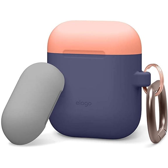 Apple AirPods Case - elago Duo Silicone Case with Keychain Designed for Apple AirPods Case, 2 Color Caps + 1Body [Peach, Grey + Jean Indigo]
