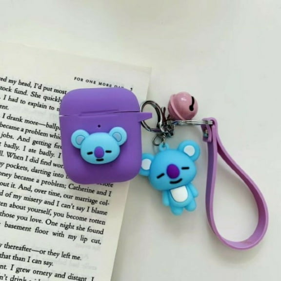 for Apple Airpod 1&2 Case Cover 3D Cartoon Strap Bell Keychain Case Silicone Bluetooth Headset & Earphone Protection, Cute & Stylish Design for Kids, Teens, Girls & Boys (Purple)