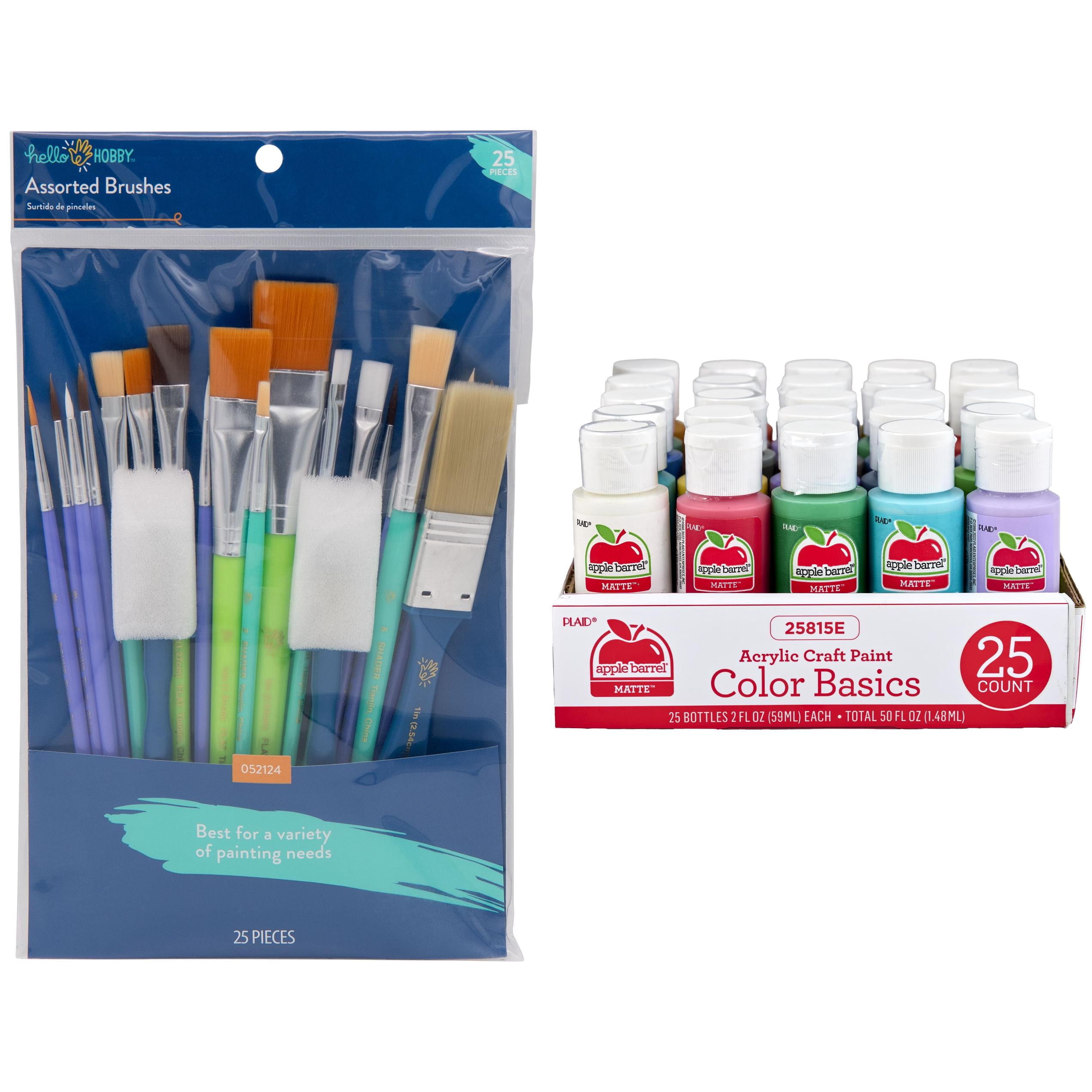 Apple Barrel Acrylic Paint Set with Hello Hobby 25-Piece Paint Brush Set Bundle