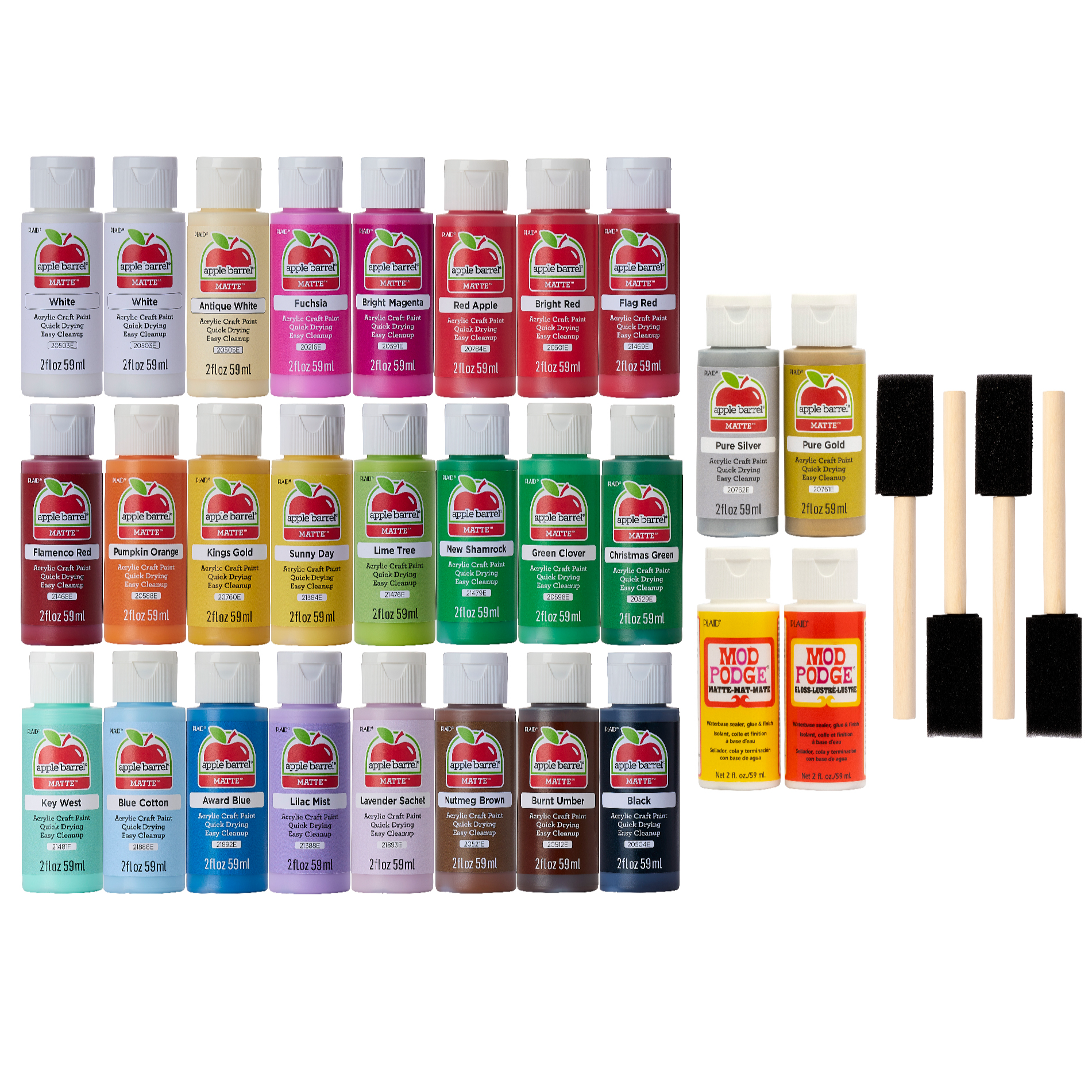 Apple Barrel Holiday Acrylic Craft Paint Set, 32 Piece Set Including 4 Foam Paint Brushes, 2 Mod Podge Sealers, and 26 Apple Barrel Paints