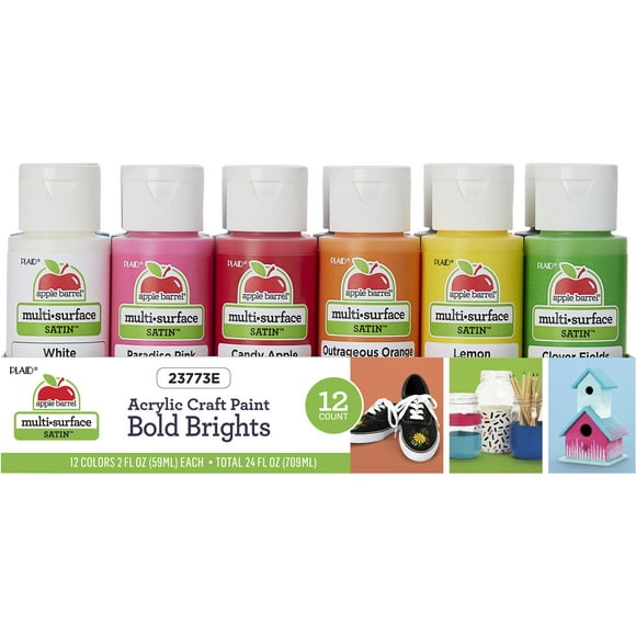 Apple Barrel Multi-Surface Acrylic Craft Paint Set, Bold Brights, 12 Pieces