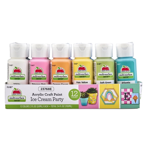 Apple Barrel Multi-Surface Acrylic Craft Paint Set, Ice Cream Party, 2 fl oz, Satin Finish, 12 Piece