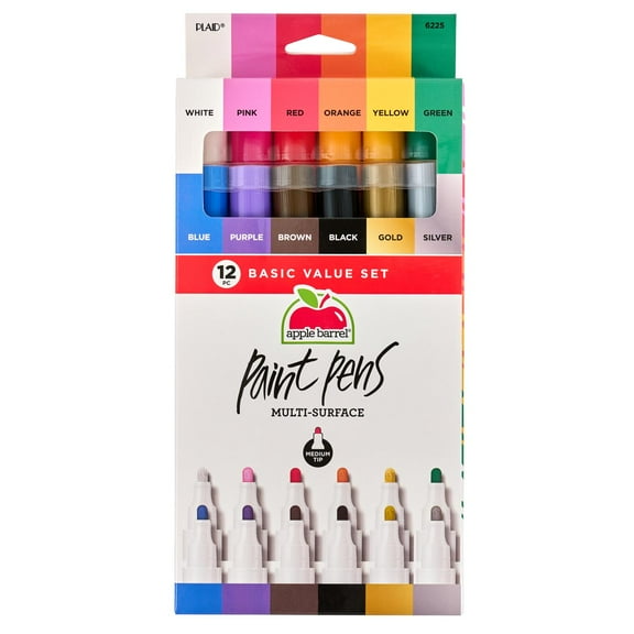 Apple Barrel Multi-Surface Paint Pens Basic Value Set, Medium Tip, 12 Piece