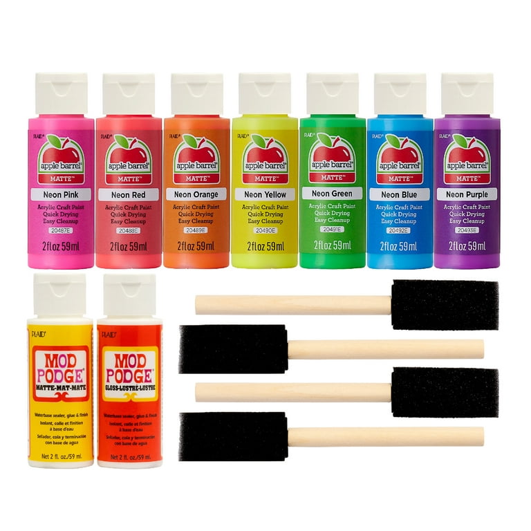 Apple Barrel Neon Acrylic Craft Paint Set, 13 Piece Set Including 4 Foam  Brushes, 2 Mod Podge Sealers, and 7 Apple Barrel Paints 