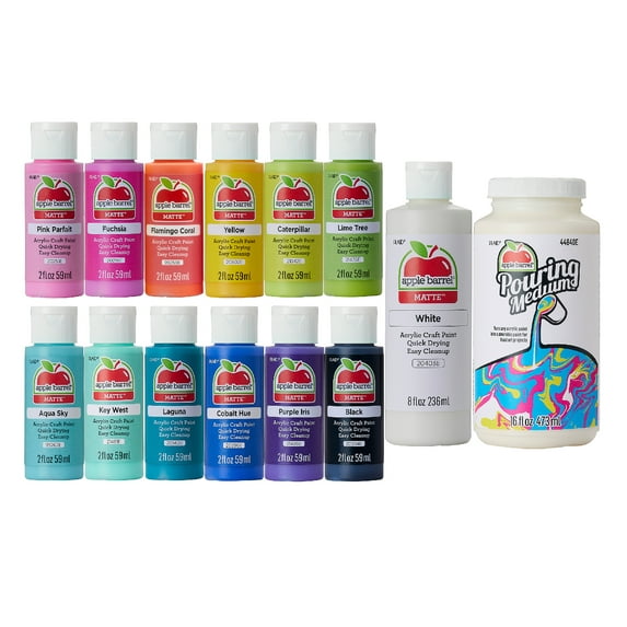 Apple Barrel Pouring Acrylic Craft Paint Set, 14 Piece Set Including 13 Apple Barrel Paints and 1 Apple Barrel Pouring Medium
