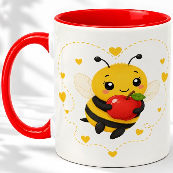 Apple Bee Accent Mug, 11oz Ceramic Coffee Cup for Bee Lovers