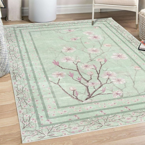 Apple Blossom Decorative Rug, Flowers and Blooming Spring Season Branches Nature Garden Romance, Quality Carpet for Bedroom Dorm and Living Room, 6 Sizes, Mint Green and Pink, by Ambesonne
