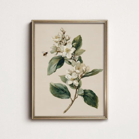 Apple Blossom Wall Art Vintage Bee And Flower Branch Print Cottagecore Bedroom Decor