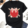thumbnail image 1 of Apple Bow Teacher T-Shirt for Women, 100% Cotton Crew Neck Short Sleeve Shirt, Pencil and Crayon School Graphic, 1 of 7