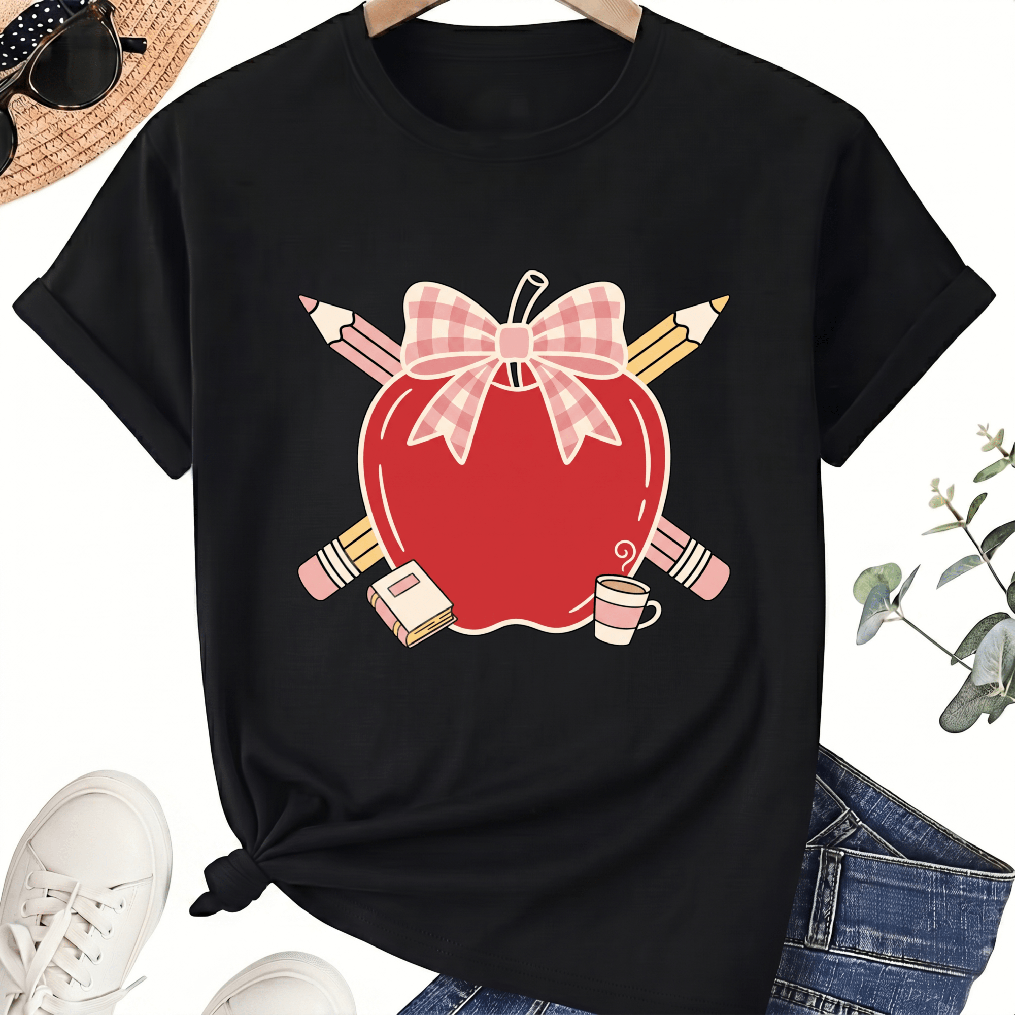 Apple Bow Teacher T-Shirt for Women, 100% Cotton Crew Neck Short Sleeve Shirt, Pencil and Crayon School Graphic