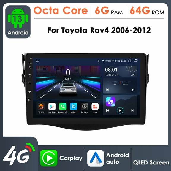 Apple CarPlay Android 13 Bluetooth 6+64GB Wifi AUX Car Stereo Radio Head Unit Multimedia GPS Navigation Player For Toyota RAV4 2006 2007 2008 2009 2010 2012