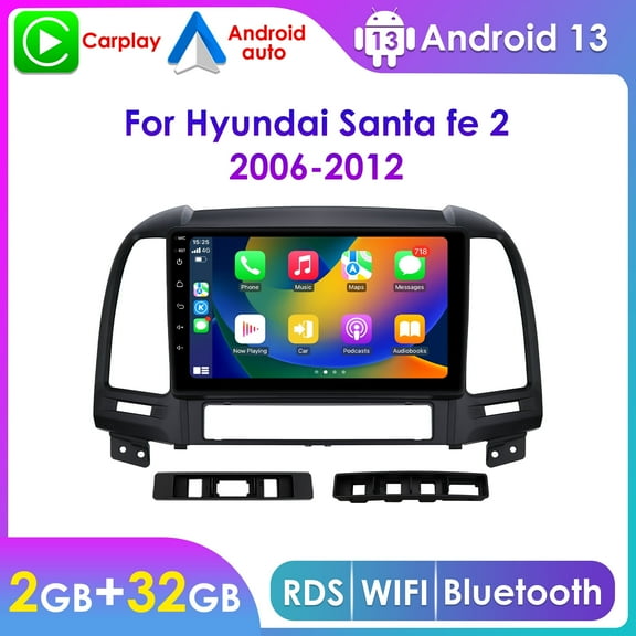 Apple Carplay Android 13 Bluetooth 2+32GB Wifi RDS Car Stereo Radio Head Unit GPS Navigation Player For Hyundai Santa Fe 2 2006 2007 2008 2009 2010 2011 2012