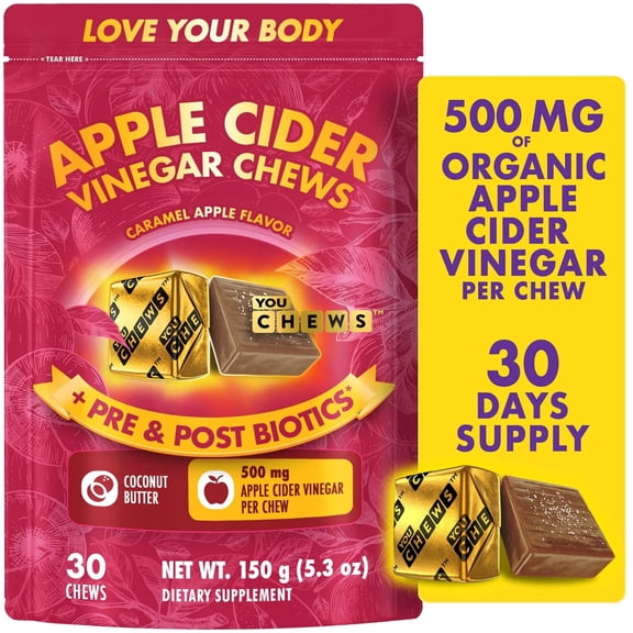 YouChews Apple Cider Vinegar Chews, Soft Chews for Digestion, 500mg ACV Gummies, 30 Count, 30 Day Supply