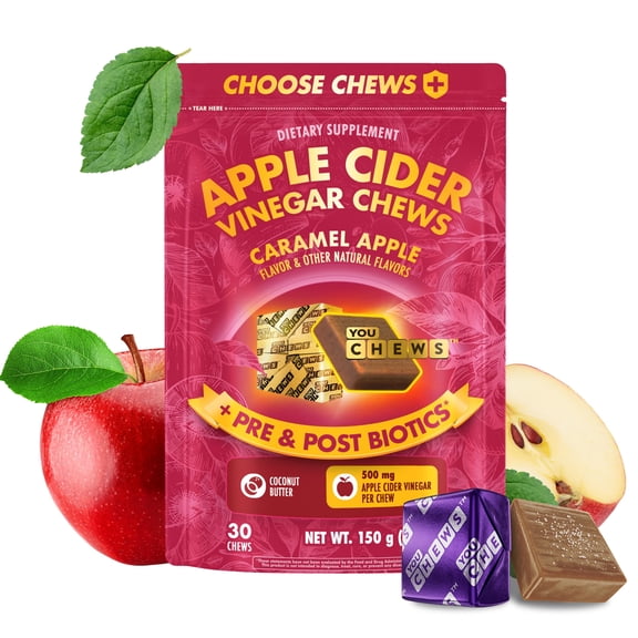 YouChews Apple Cider Vinegar Gummies Next-Gen, Soft Chews for Digestion, 500mg ACV, 30 Count, Vegan & Sugar-Free