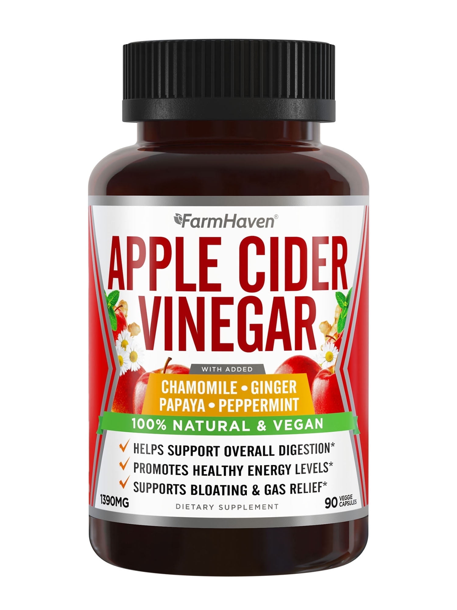 Apple Cider Vinegar Capsules With Ginger, Papaya & Chamomile | 1390mg | Improves Digestion, Energy, Immunity | Soothes Gas & Bloating Issues | Like With Mother | Non-GMO & 100% Natural | 90 Capsules