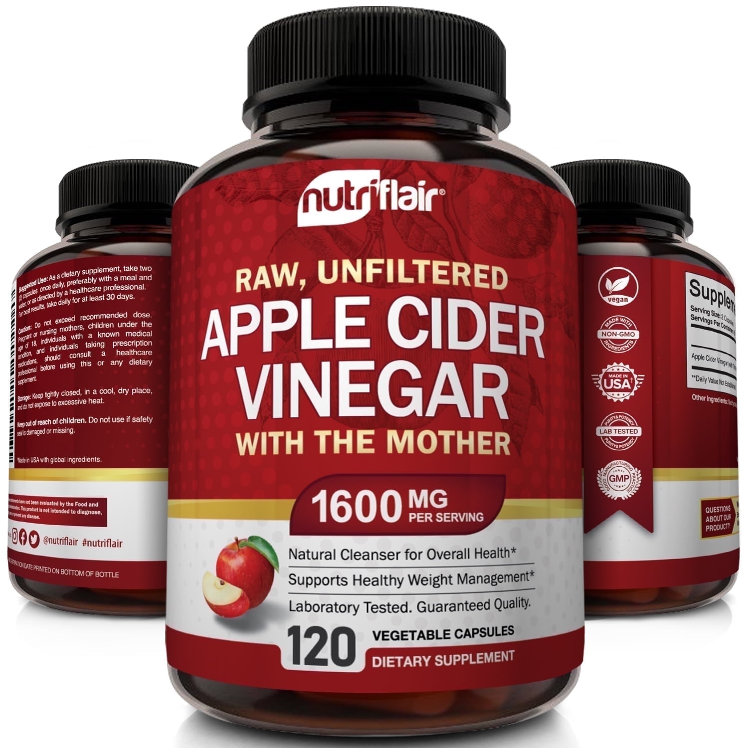 NUTRIFLAIR Apple Cider Vinegar Capsules with Mother 1600mg - 120 Vegan ACV Pills