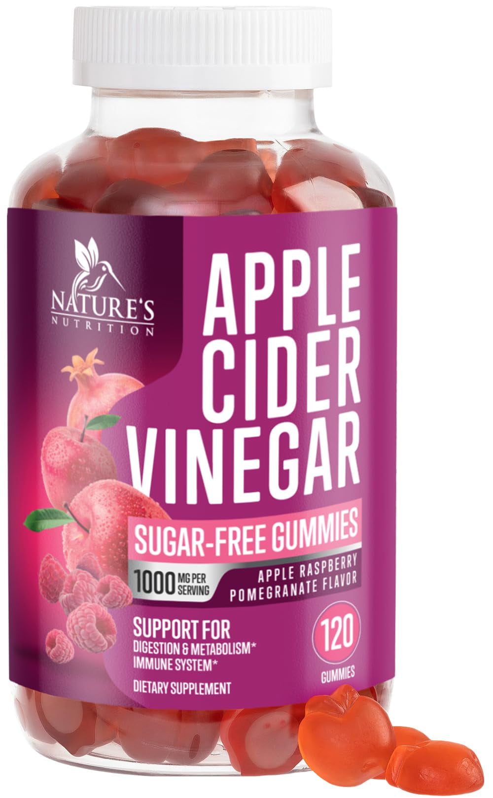 Apple Cider Vinegar Gummies Sugar Free 1000mg for Cleanse, ACV Gummy Vitamin B12 for Digestion Energy & Immune Health Support, Natural Premium Apple Raspberry Flavor, Non GMO & Vegan - 120 Gummies