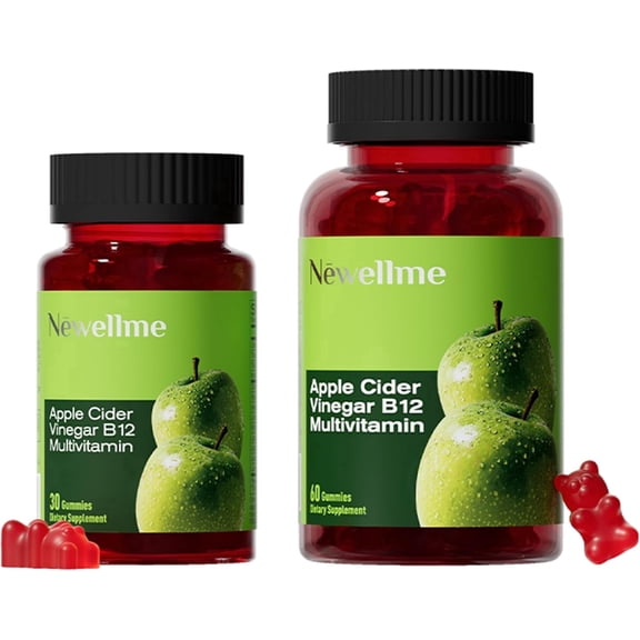 Newellme Apple Cider Vinegar Gummies with B12 Multivitamin, ACV Gummy Vitamins, Apple Flavor, Vegetarian, Non-GMO, for Women & Men, 2 bottles(90 Gummies )