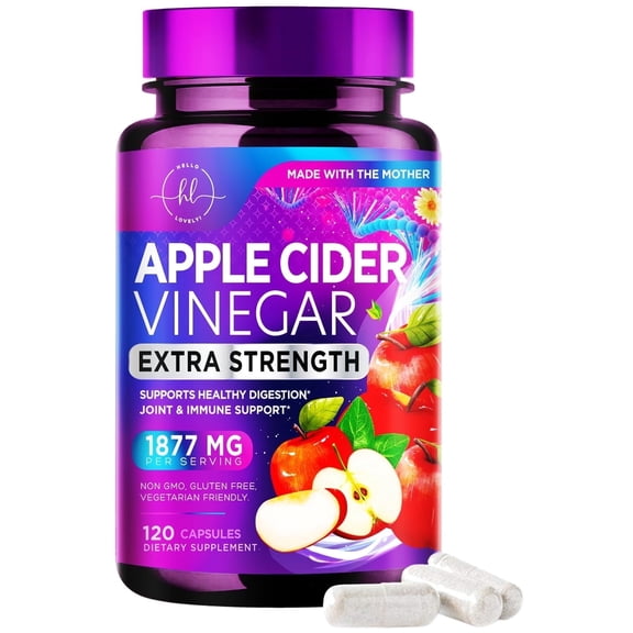 Apple Cider Vinegar Capsules 1877mg, Extra Strength ACV Pills with Vitamin D3 - Non-GMO Apple Vinegar Supplement Sourced from The Mother for Digestion & Immune Support - Bottled in USA - 120 Capsules
