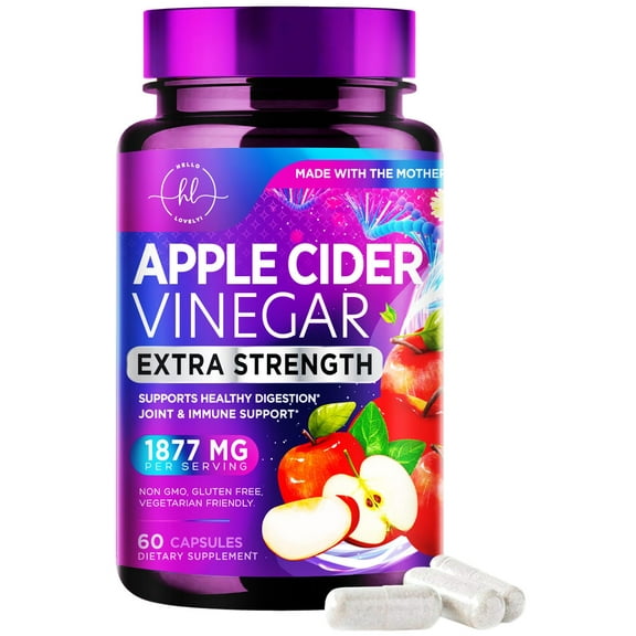 Apple Cider Vinegar Capsules 1877mg - Extra Strength ACV Pills with Vitamin D3 - Non-GMO Apple Vinegar Supplement Sourced from The Mother for Digestion & Immune Support - Bottled in USA - 60 Capsules