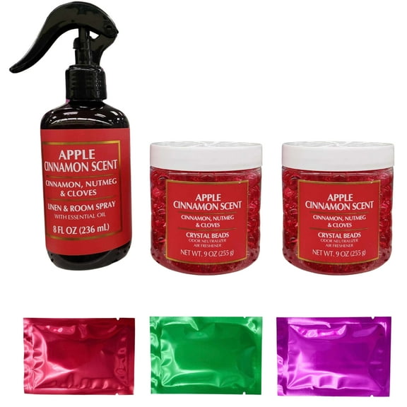 Apple Cinnamon 1 Scented Beads 1 Gel and 1 Linen Spray Air Freshener Neutralize Odors in Home Bathrooms Cars & Pet Areas Long Lasting Odor Eliminator Pack of 3 w/ Bonus Snoep in Beperkte Oplage