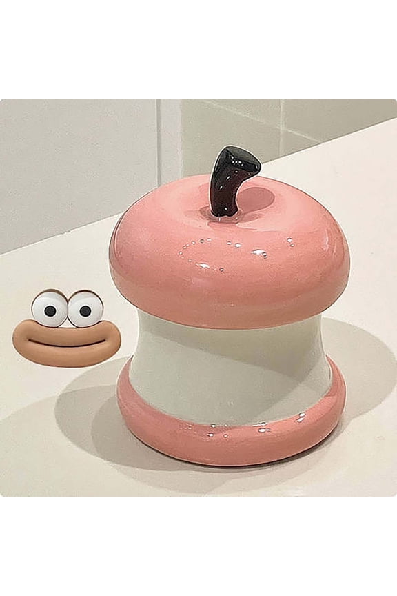 Apple Core Ceramic Toothpick Holder with Lid, Ceramic Apple Design Ashtray with Funny Face Character, Character White and Redpink, for Home Kitchen
