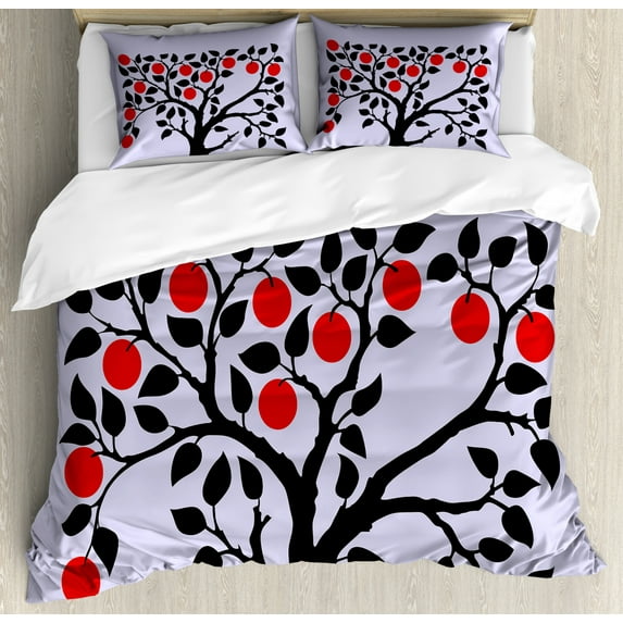 Apple Duvet Cover Set King Size, Black Tree with Ripe Red Nutritious Fruit Flourishing Nature Garden Forest Art, Decorative 3 Piece Bedding Set with 2 Pillow Shams, Lilac Black Red, by Ambesonne
