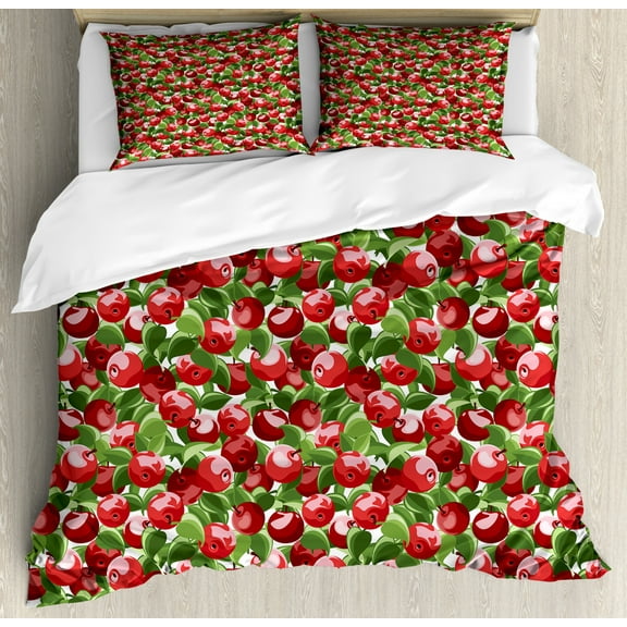 Apple Duvet Cover Set Queen Size, Red Apples and Green Leaves Organic Food Garden Harvest Eating Clean Theme Print, Decorative 3 Piece Bedding Set with 2 Pillow Shams, Red Green White, by Ambesonne