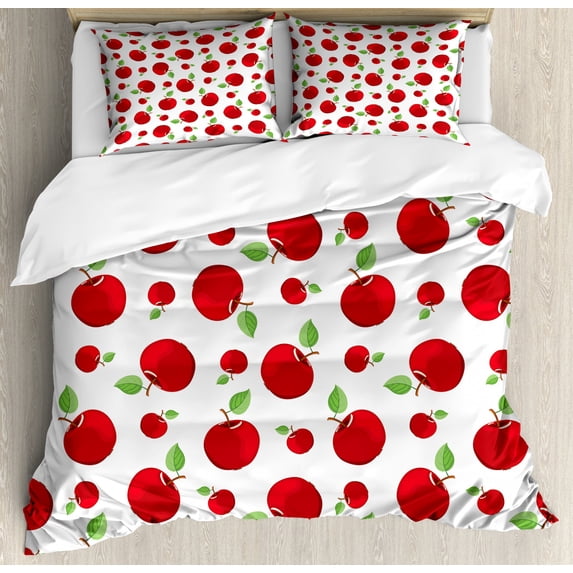 Apple Duvet Cover Set Queen Size, Vivid Colored Cartoon Style Ripe Red Apples Vitamins Sweet Taste Healthy Food, Decorative 3 Piece Bedding Set with 2 Pillow Shams, Red Green White, by Ambesonne