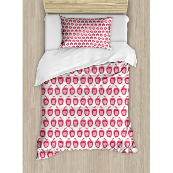 Apple Duvet Cover Set Twin Size, Girls Kids Design Pattern with Pinkish Apple Fruit in Doodle Style, Decorative 2 Piece Bedding Set with 1 Pillow Sham, Dark Coral Pale Pink White, by Ambesonne