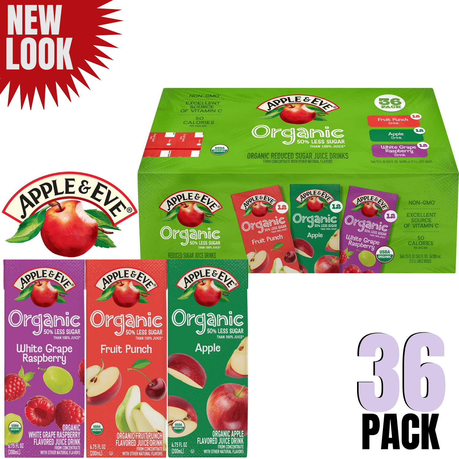 Apple & Eve Organic Reduced Sugar Variety Pack, 6.75 fl. oz., 36 pk.