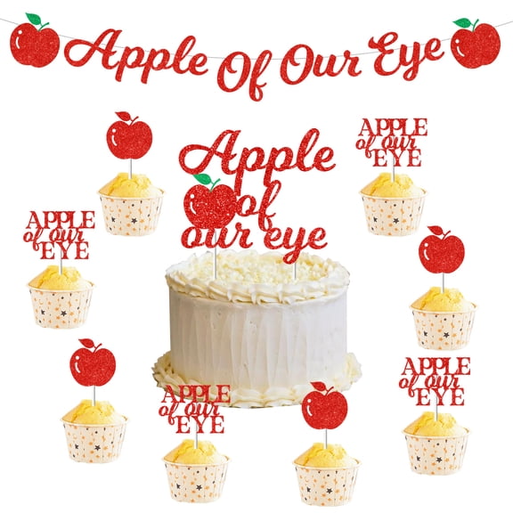 Apple of Our Eye Baby Birthday Party Decorations - Glitter Red Birthday Banner Cake Toppers, Apple Theme Birthday Baby Shower Party Supplies for Baby Kids