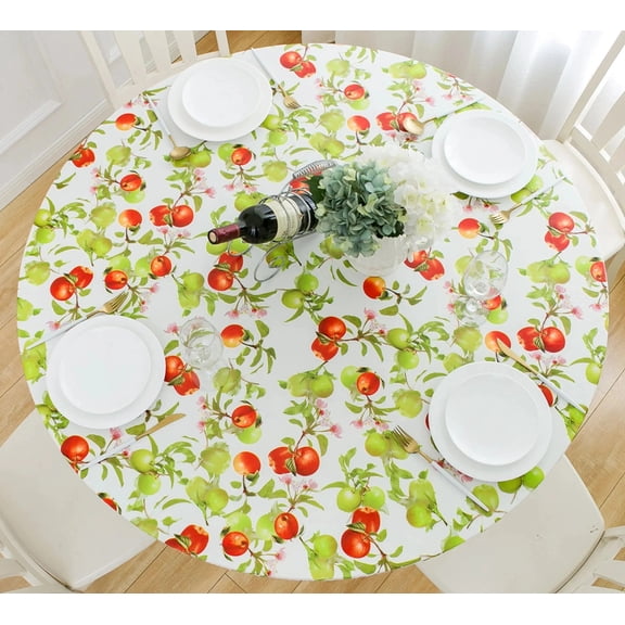 Apple Flower Round Table Cloth Elastic Edge Fitted Table Cover Green Leaves Waterproof Tablecloths for Dining Table Decoration